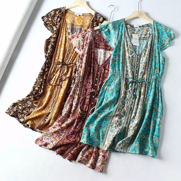 Bohemian Floral Print Teal Button Up Dress - Picture 5 of 5